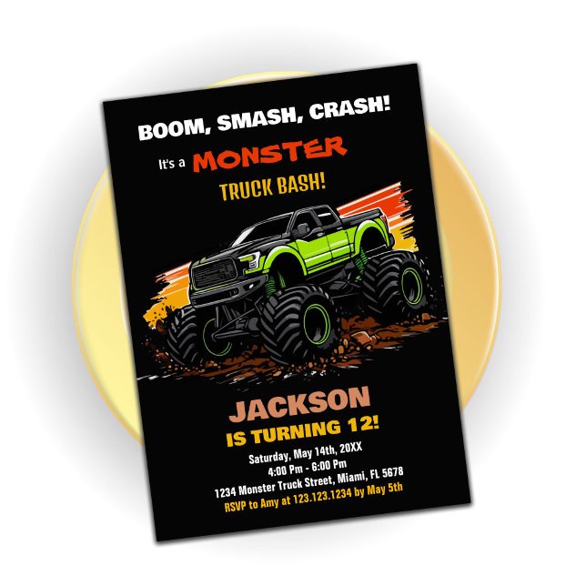 Invitaciones de cumpleaños de Green Monster Truck  (Green Monster Truck Birthday Invitations Black)