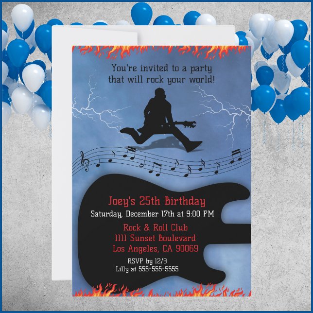Invitaciones de cumpleaños de guitarra de Rock & R (Rock & Roll Guitar Birthday Party Invites)