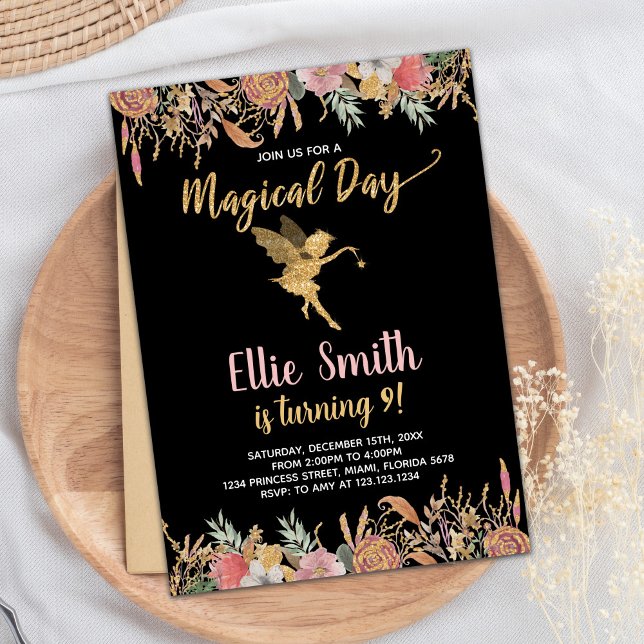 Invitaciones de cumpleaños de hadas florales en Pu (Black Glitter Floral Fairy Birthday Invitations)