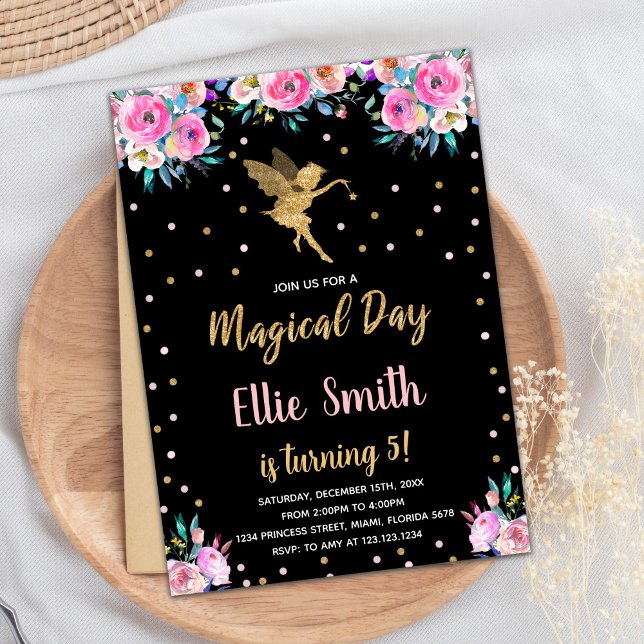 Invitaciones de cumpleaños de hadas florales negra (Black Pink Floral Fairy Birthday Invitations)