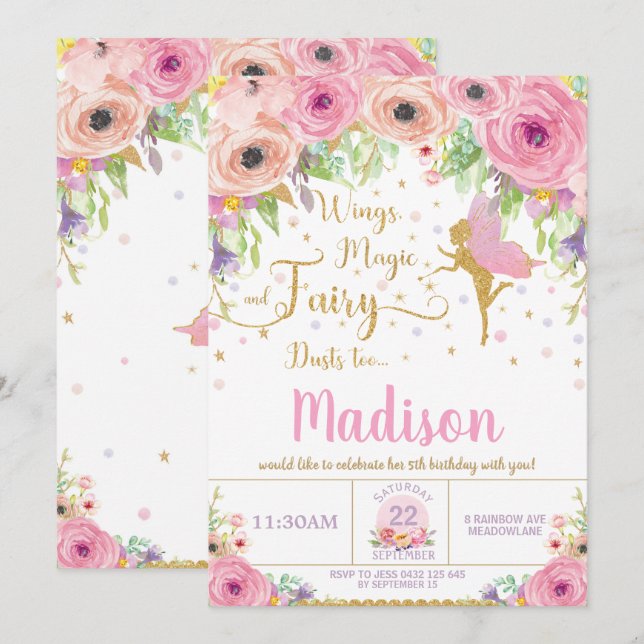 Invitaciones de cumpleaños de hadas Pink Floral Wh (Anverso / Reverso)