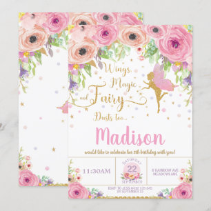 Invitaciones de cumpleaños de hadas Pink Floral Wh