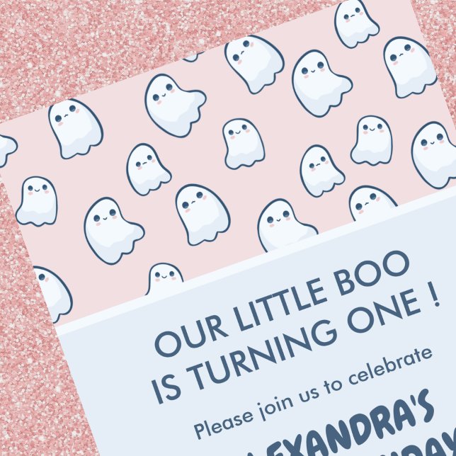 Invitaciones de cumpleaños de Halloween 1er cumple (Halloween 1st birthday invitations pink ghost 1)