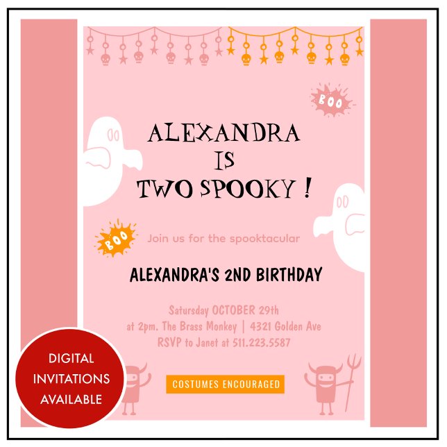 Invitaciones de cumpleaños de Halloween 2ª en Spoo (Halloween-2nd-Birthday-Invitations-Spooktacular-PINK-1)
