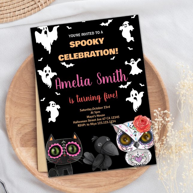 Invitaciones de cumpleaños de Halloween Black espe (Spooky Black Halloween Birthday Invitations)