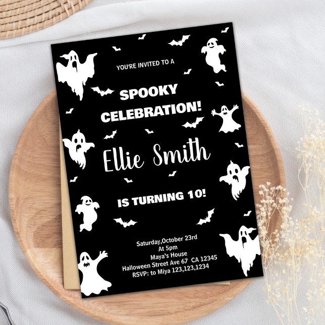 Invitaciones de cumpleaños de Halloween en blanco  (Black White Halloween Birthday Invitations)