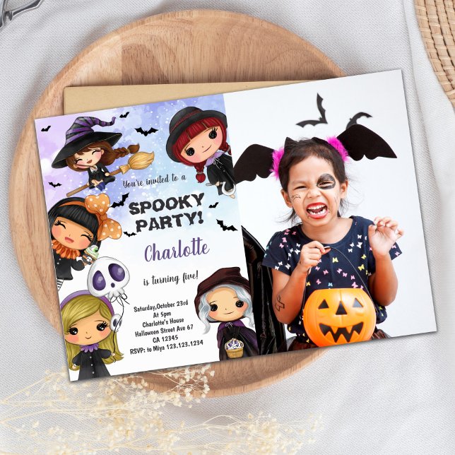 Invitaciones de cumpleaños de Halloween para chica (Girls Halloween Birthday Invitations with Photo)