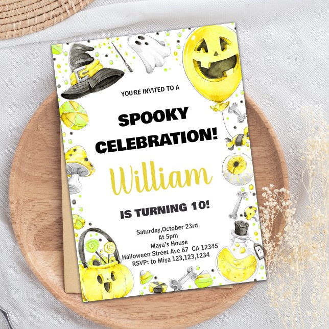 Invitaciones de cumpleaños de Halloween verde amar (Yellow Green Halloween Birthday Invitations)