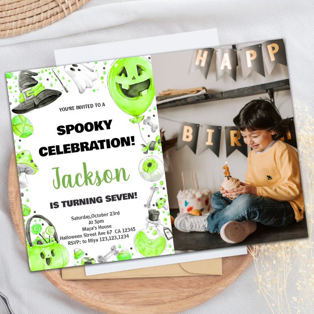 Invitaciones de cumpleaños de Halloween verde foto (Photo Green Halloween Birthday Invitations)