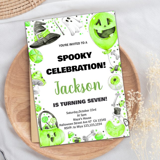 Invitaciones de cumpleaños de Halloween Verdes (Green Halloween Birthday Invitations)