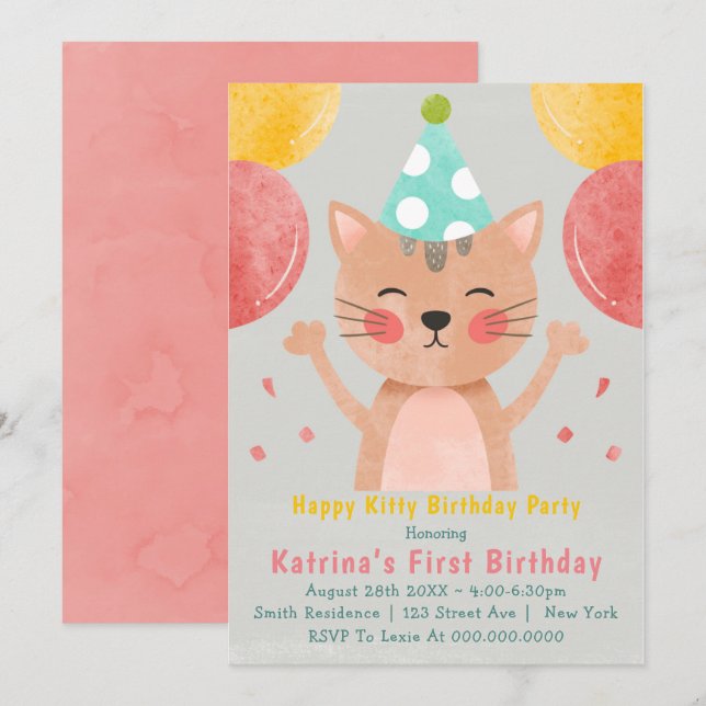 Invitaciones de cumpleaños de Happy Kitty First (Anverso / Reverso)