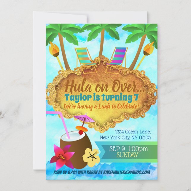 Invitaciones de cumpleaños de Hawái (Anverso)