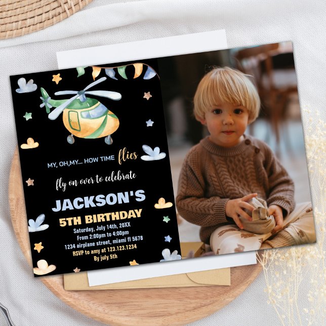 Invitaciones de cumpleaños de Helicopter en negro  (Helicopter Birthday Invitations Black with Photo)