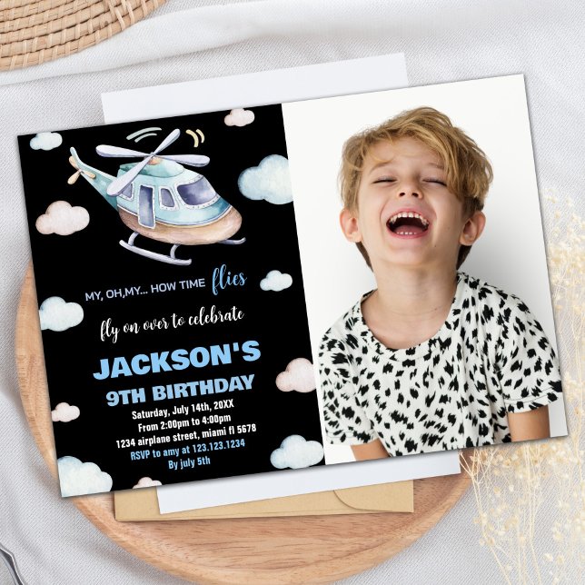Invitaciones de cumpleaños de Helicopter Gray Blac (Helicopter Birthday Invitations Gray Black w Photo)