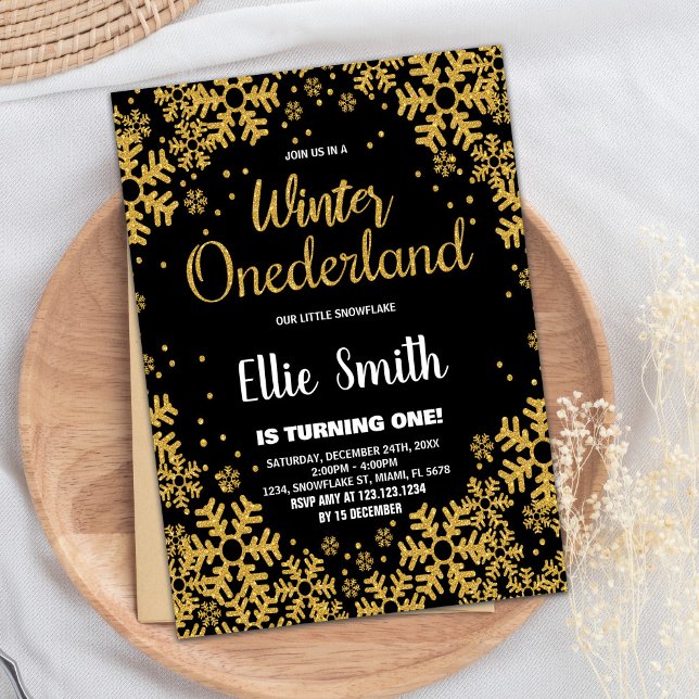 Invitaciones de cumpleaños de invierno de ONEderla (Winter ONEderland Birthday Invitations Gold Black)