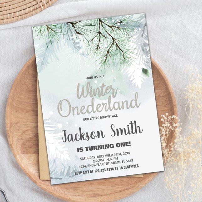 Invitaciones de cumpleaños de invierno de ONEderla (Winter ONEderland Birthday Invitations Pine Green)