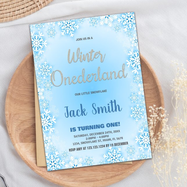 Invitaciones de cumpleaños de invierno en ONEderla (Winter ONEderland Birthday Invitations Blue Snow)