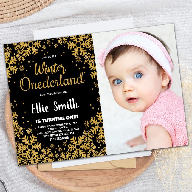 Invitaciones de cumpleaños de invierno en ONEderla (Winter ONEderland Birthday Invitations Gold Photo)