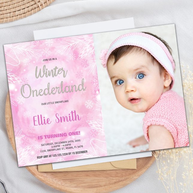 Invitaciones de cumpleaños de invierno en ONEderla (Winter ONEderland Birthday Invitations Pink Photo)
