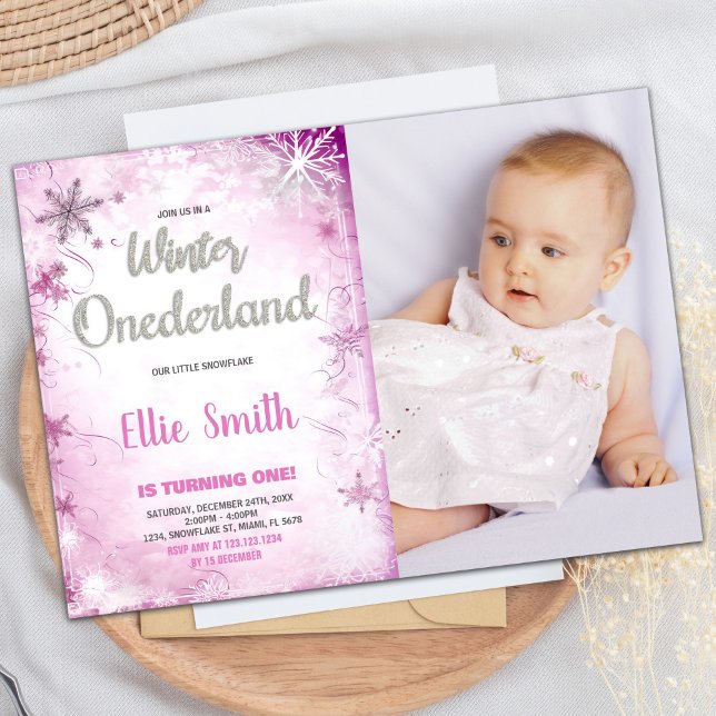 Invitaciones de cumpleaños de invierno en ONEderla (Winter ONEderland Birthday Invitations Pink Photo)