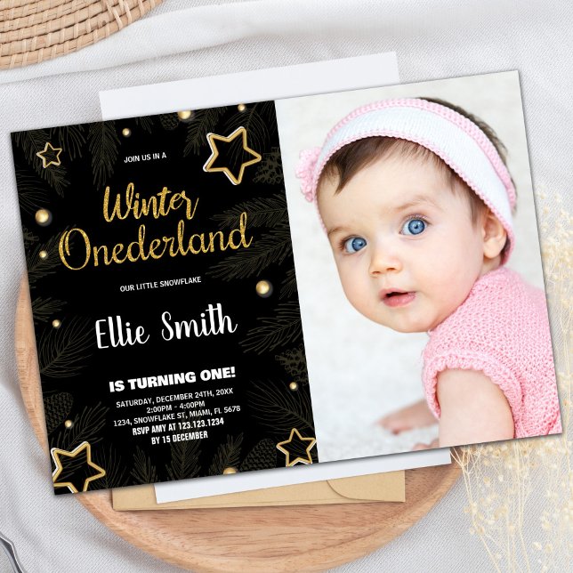 Invitaciones de cumpleaños de invierno en ONEderla (Winter ONEderland Birthday Invitations Black Photo)