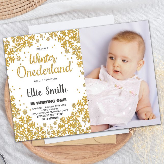 Invitaciones de cumpleaños de invierno en ONEderla (Winter ONEderland Birthday Invitations Gold Photo)