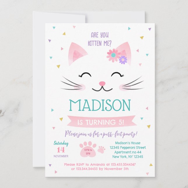 Invitaciones de cumpleaños de Kitty Cat Kitten par (Anverso)