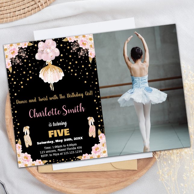 Invitaciones de cumpleaños de la bailarina negra r (Photo Pink Black Ballerina Birthday Invitations)