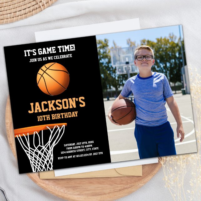 Invitaciones de cumpleaños de la Baloncesto de Bal (Basket Photo Basketball Ball Birthday Invitations)