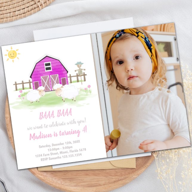 Invitaciones de cumpleaños de la granja de persona (Pink House Farm Invitations with photo)