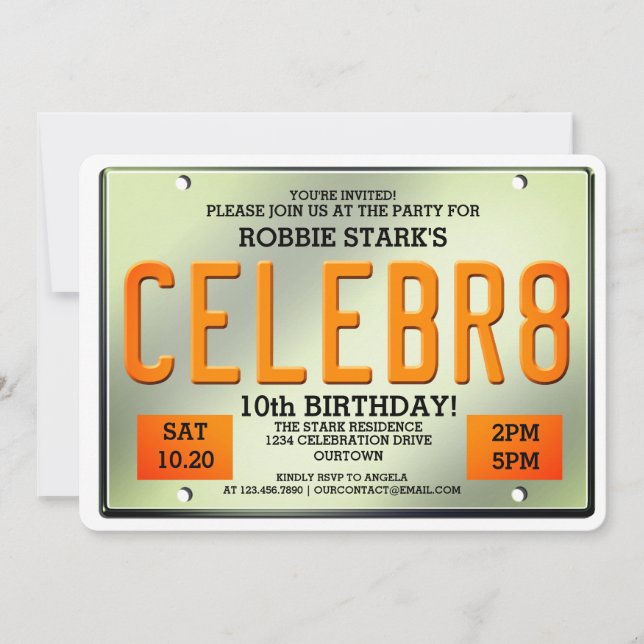 Invitaciones de cumpleaños de la placa de licencia (Anverso)