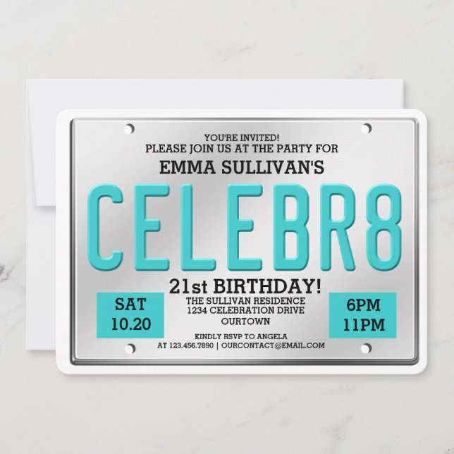 Invitaciones de cumpleaños de la placa de licencia (Anverso)