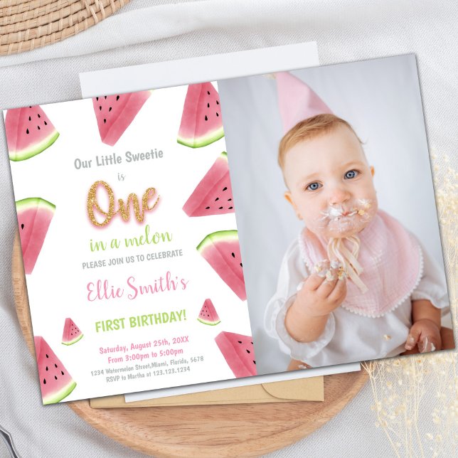 Invitaciones de cumpleaños de la sandía purpurina  (Glitter Watermelon Birthday Invitations w photo)