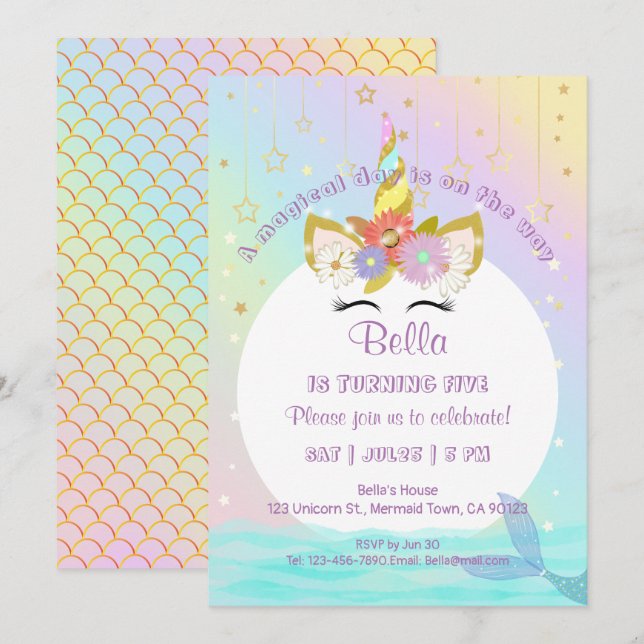 Invitaciones de cumpleaños de la Sirena Unicornio  (Anverso / Reverso)