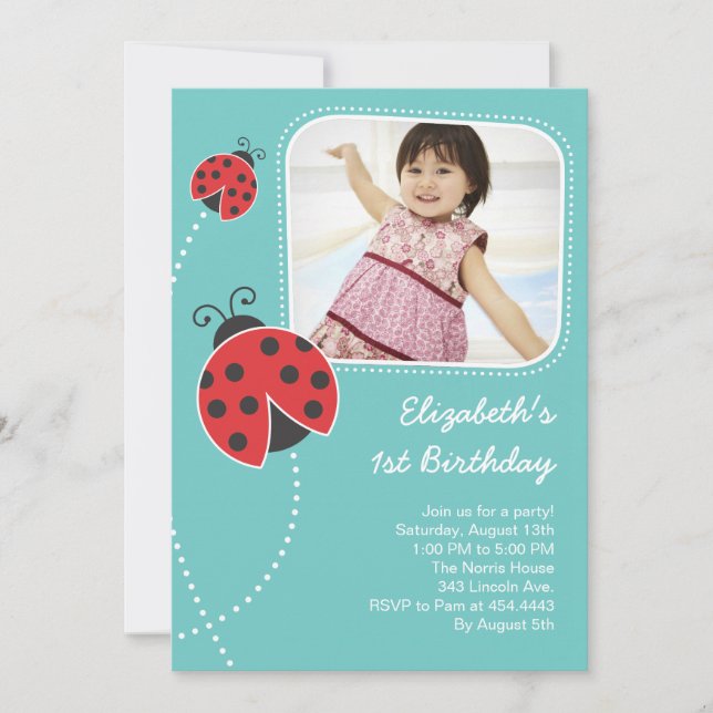 Invitaciones de cumpleaños de Light Blue Ladybug (Anverso)