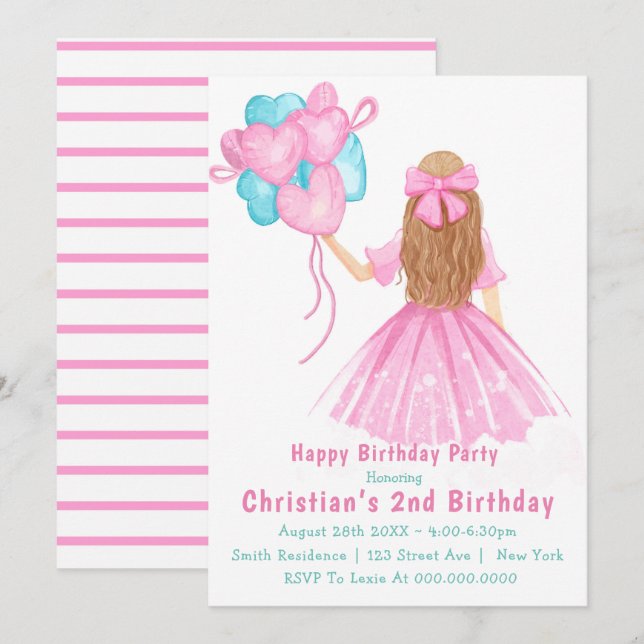Invitaciones de cumpleaños de Little Girl Balloons (Anverso / Reverso)