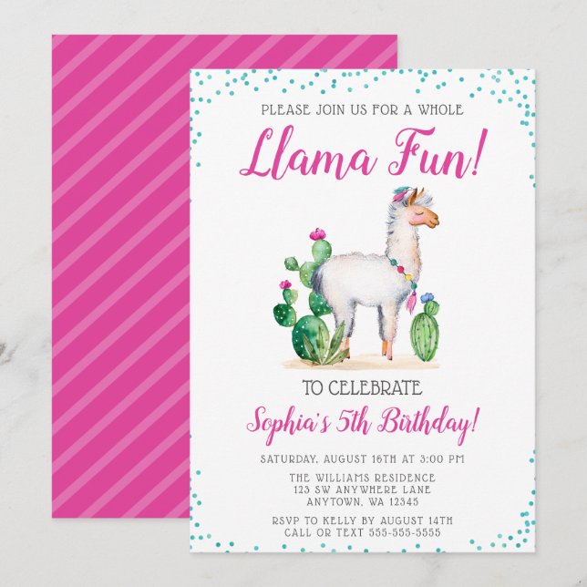 Invitaciones de cumpleaños de llama en acuarela (Anverso / Reverso)
