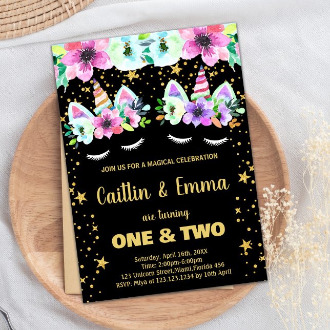 Invitaciones de cumpleaños de los gemelos Black Un (Twins Golden Black Unicorn Birthday Invitations)