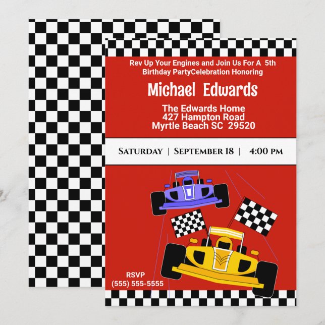 Invitaciones de cumpleaños de los niños a correr e (Anverso / Reverso)