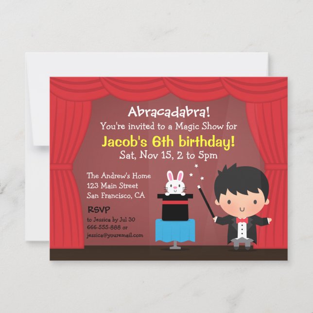 Invitaciones de Cumpleaños de Magia del Mago Niño  (Anverso)