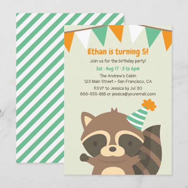 Invitaciones de cumpleaños de mapache del bosque l (Anverso / Reverso)