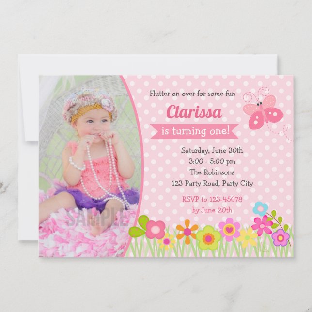 Invitaciones de cumpleaños de mariposa con foto (Anverso)