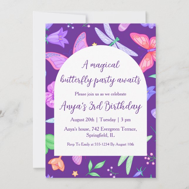 invitaciones de cumpleaños de mariposa púrpura chi (Anverso)