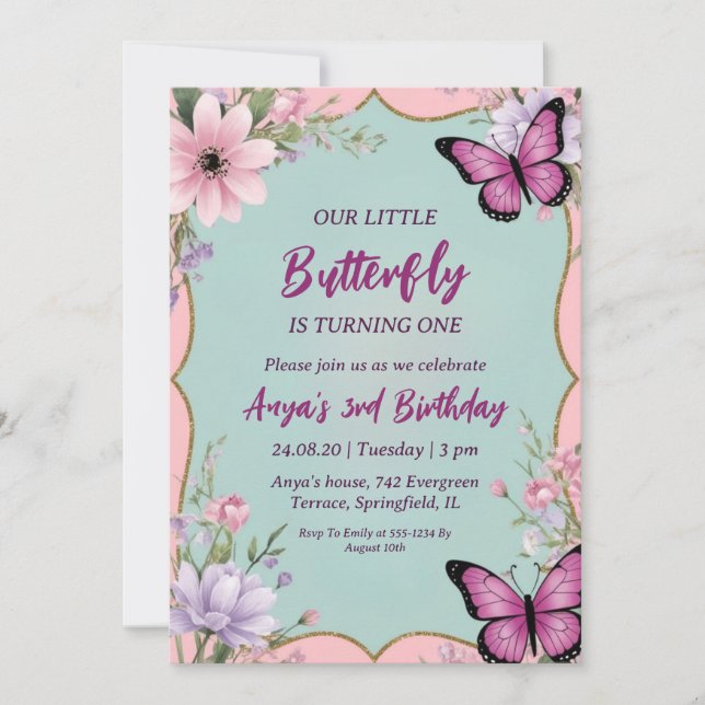 invitaciones de cumpleaños de mariposa rosa y mora (Anverso)