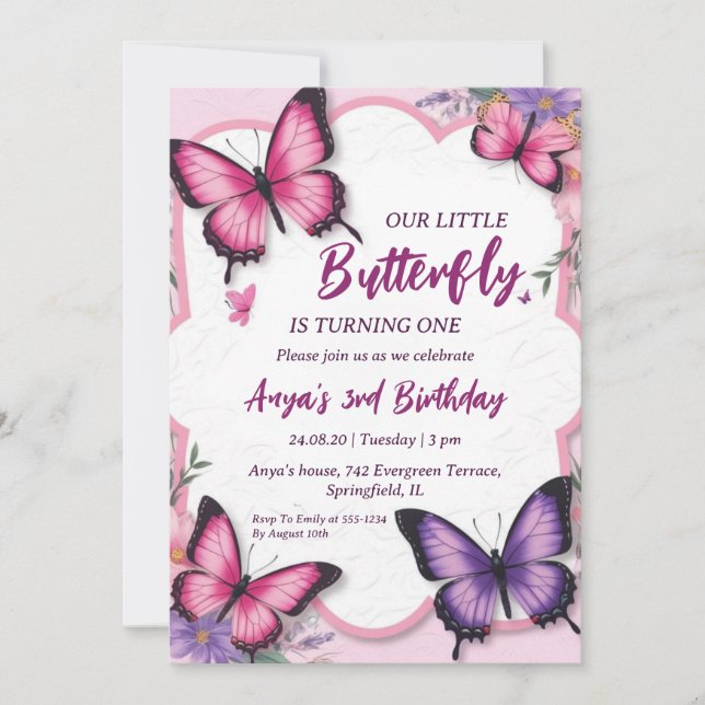 invitaciones de cumpleaños de mariposa rosa y mora (Anverso)