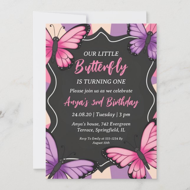 invitaciones de cumpleaños de mariposa rosa y mora (Anverso)