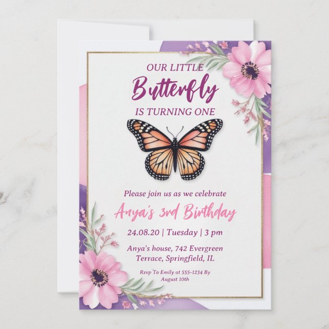 invitaciones de cumpleaños de mariposa rosa y mora (Anverso)