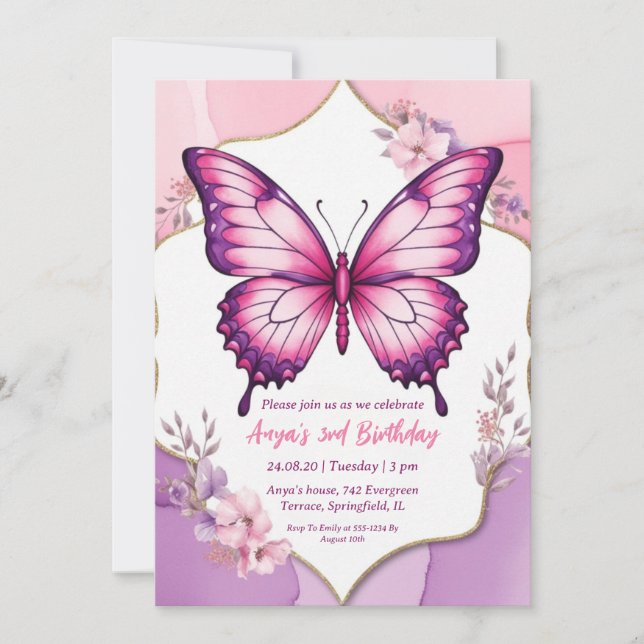 invitaciones de cumpleaños de mariposa rosa y mora (Anverso)