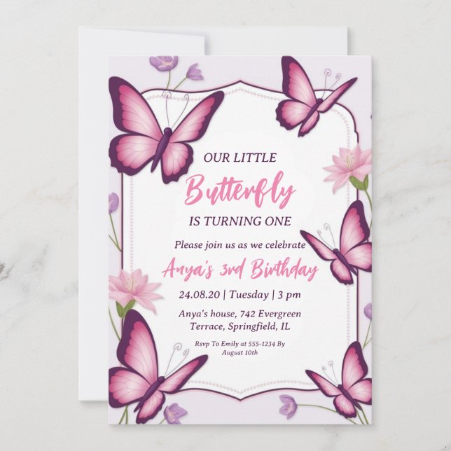 invitaciones de cumpleaños de mariposa rosa y mora (Anverso)