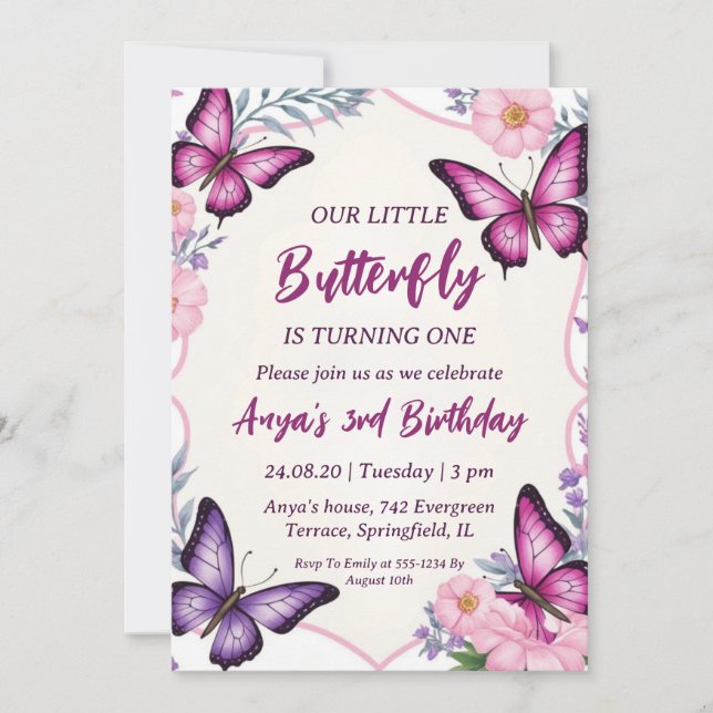invitaciones de cumpleaños de mariposa rosa y mora (Anverso)